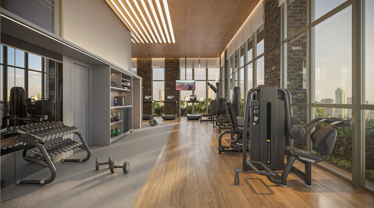 Espaço fitness com aparelhos de musculação
